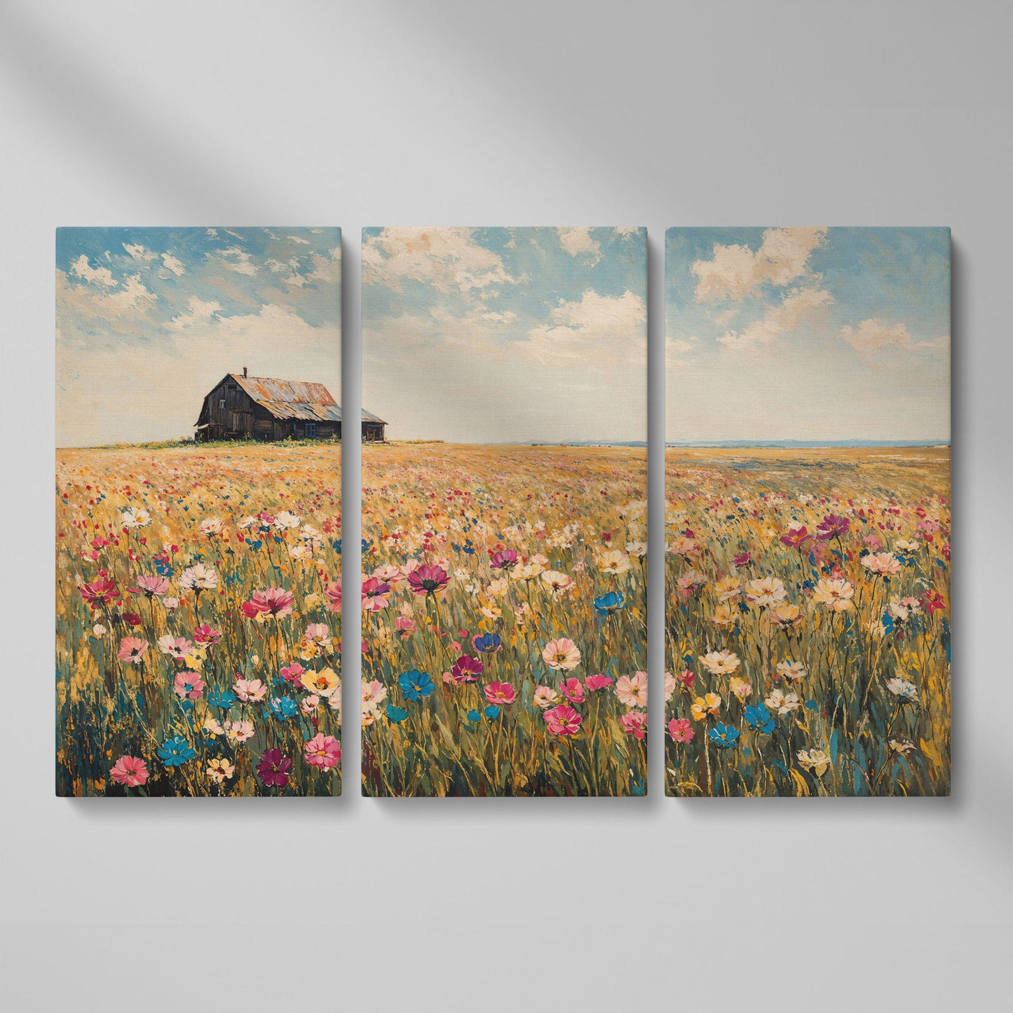 Rustic Barn with Wildflowers Canvas as 3-panel split version