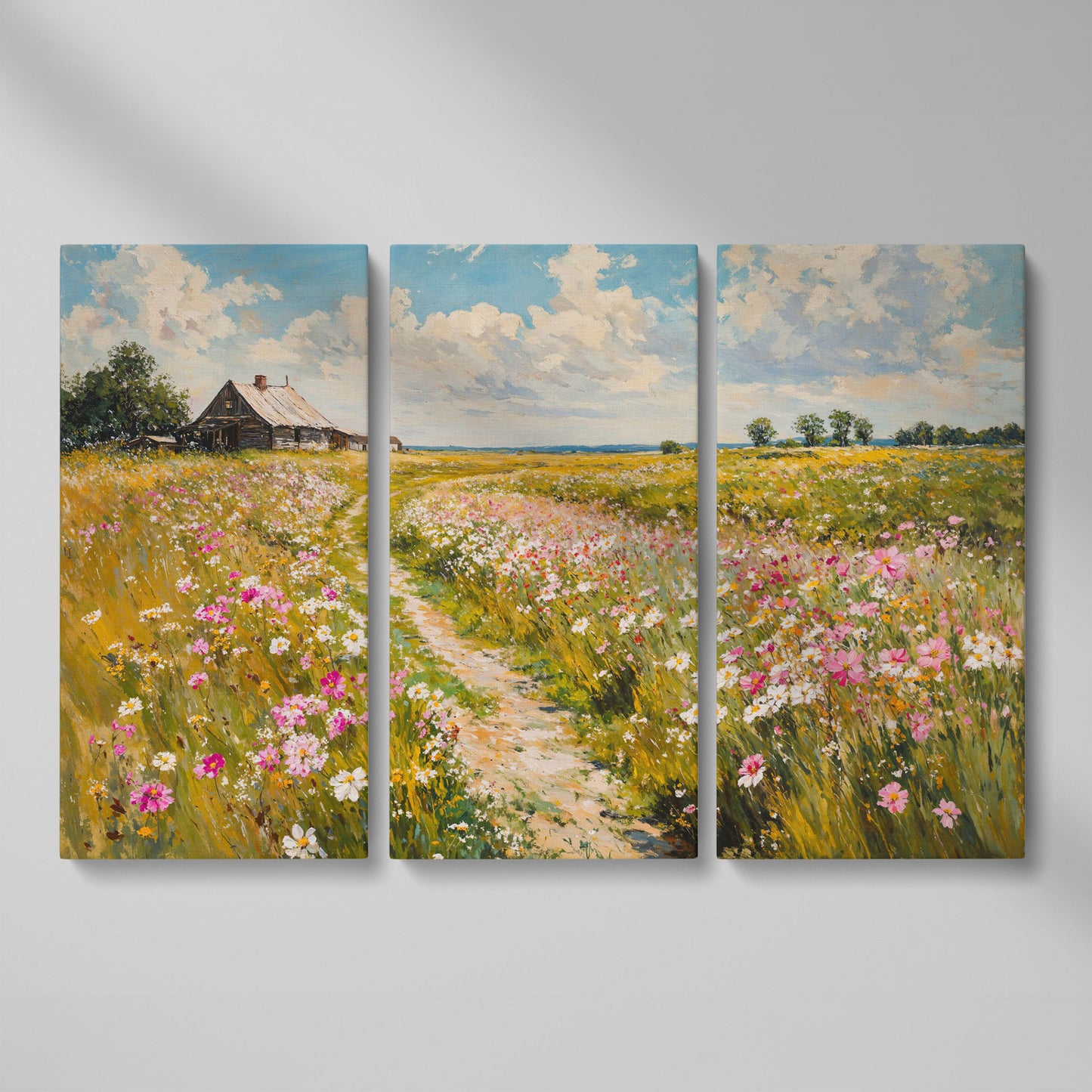 Wildflower Path to Farmhouse Canvas as 3-panel split version
