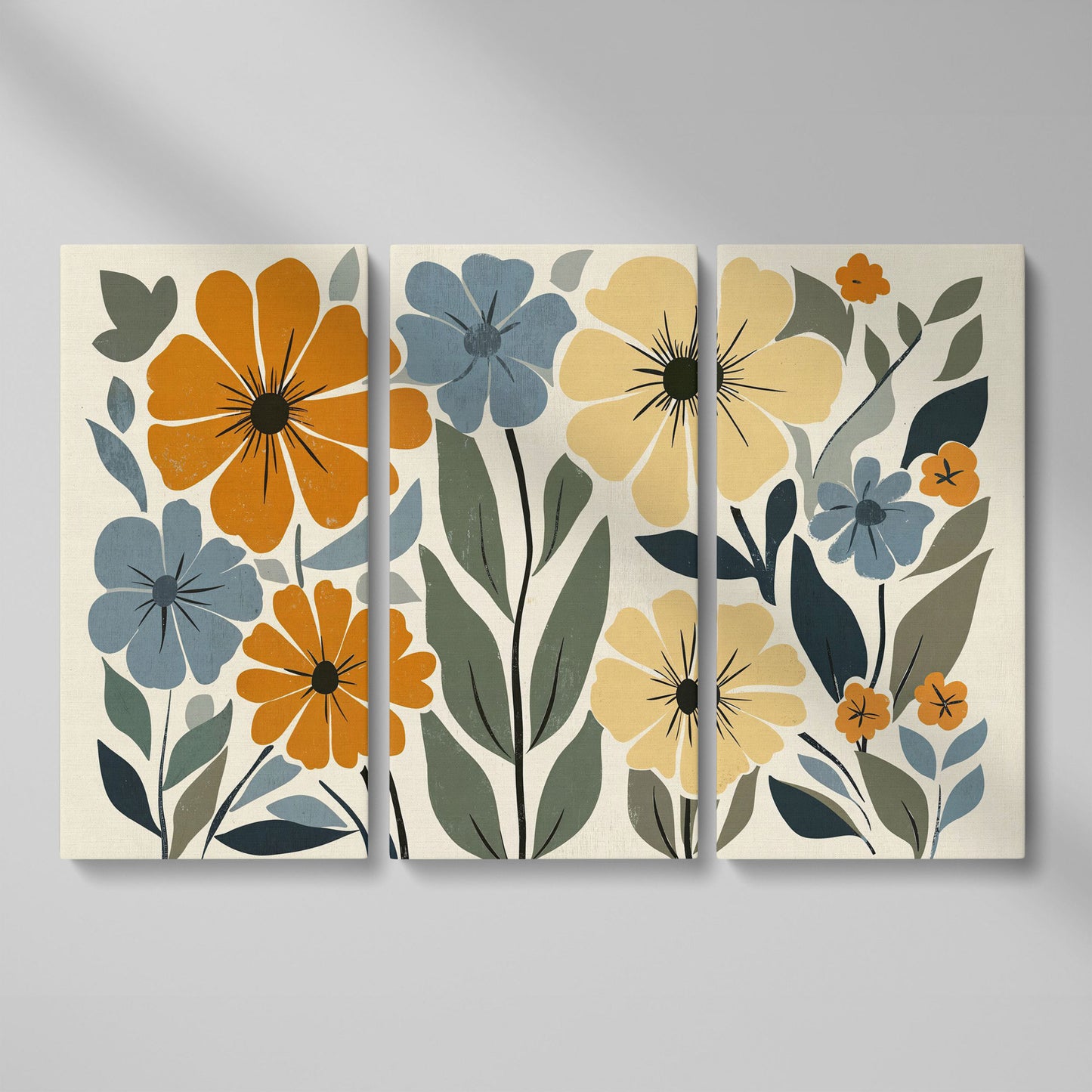 Vintage Floral Canvas in Mustard and Dusty Blue as 3-panel split version