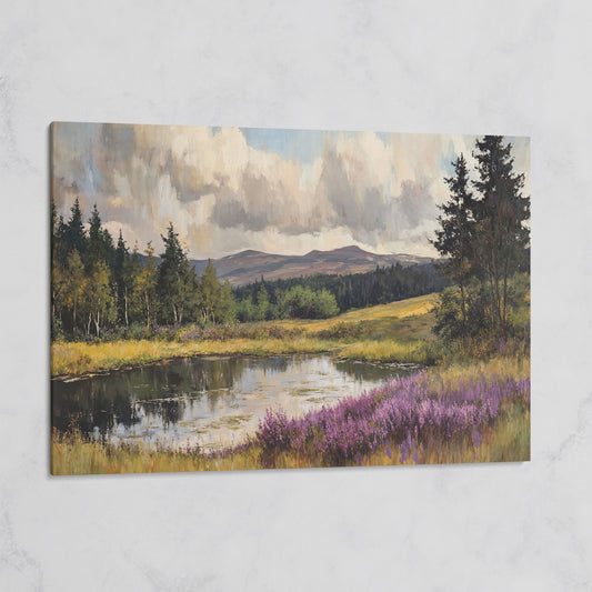 Serene Lake Landscape Canvas Print with Wildflower Shoreline on gallery wrap