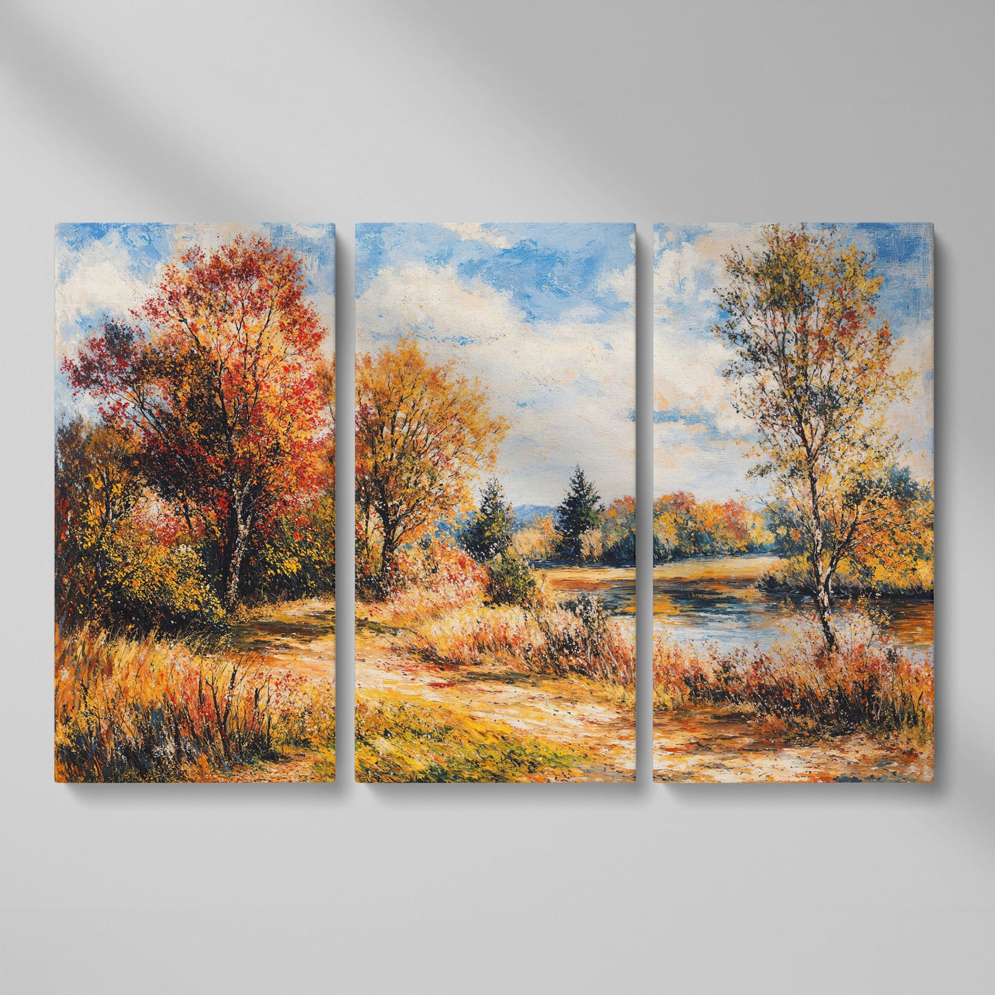 Autumn Lake with Forest Path Canvas Wall Art as 3-panel split version