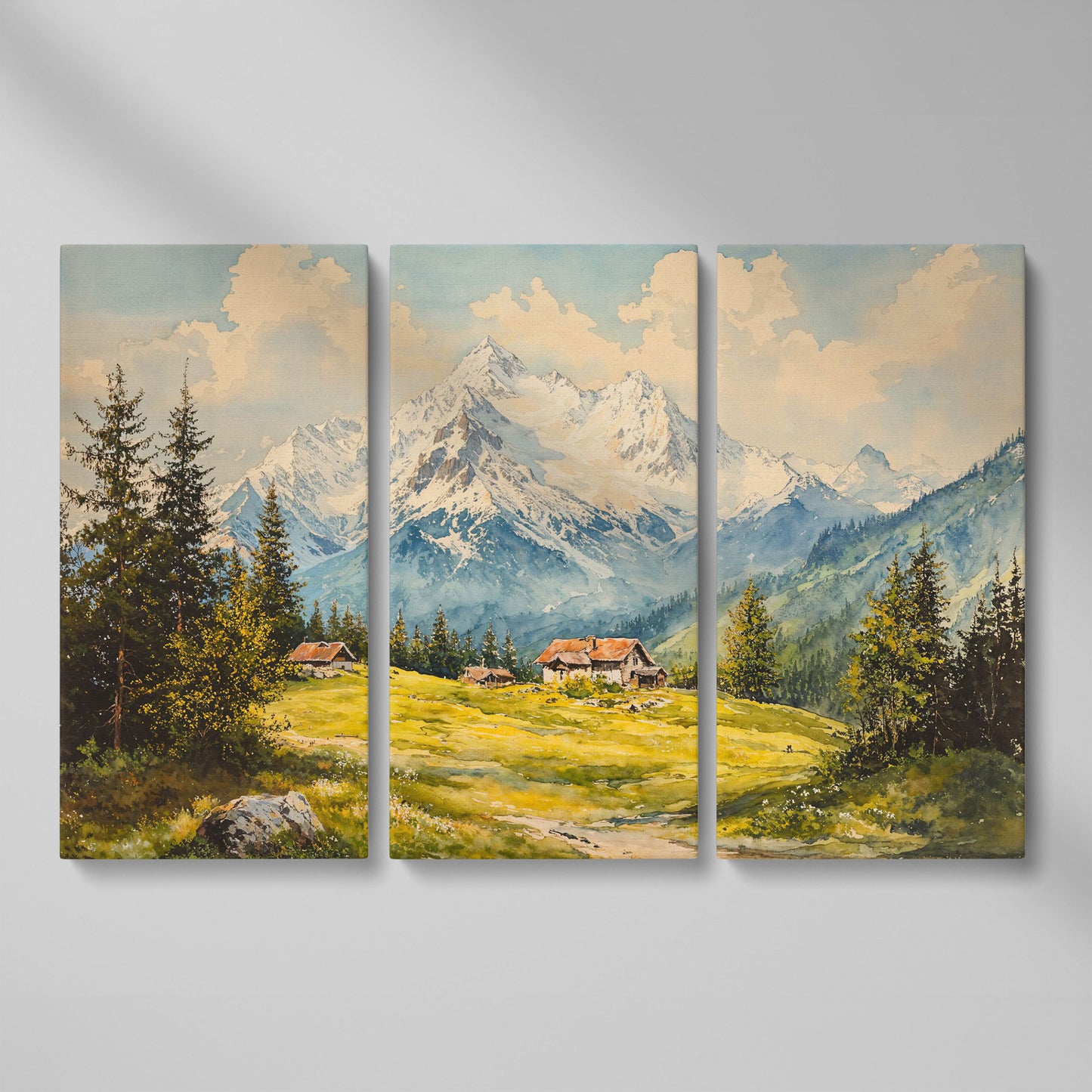 Serene Mountain Village Canvas Wall Art as 3-panel split version