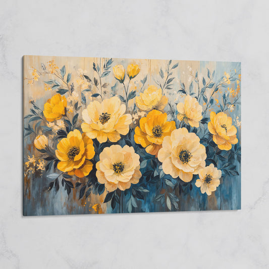 Bold Yellow Floral Canvas Art, Abstract Botanical Wall Art on gallery wrap
