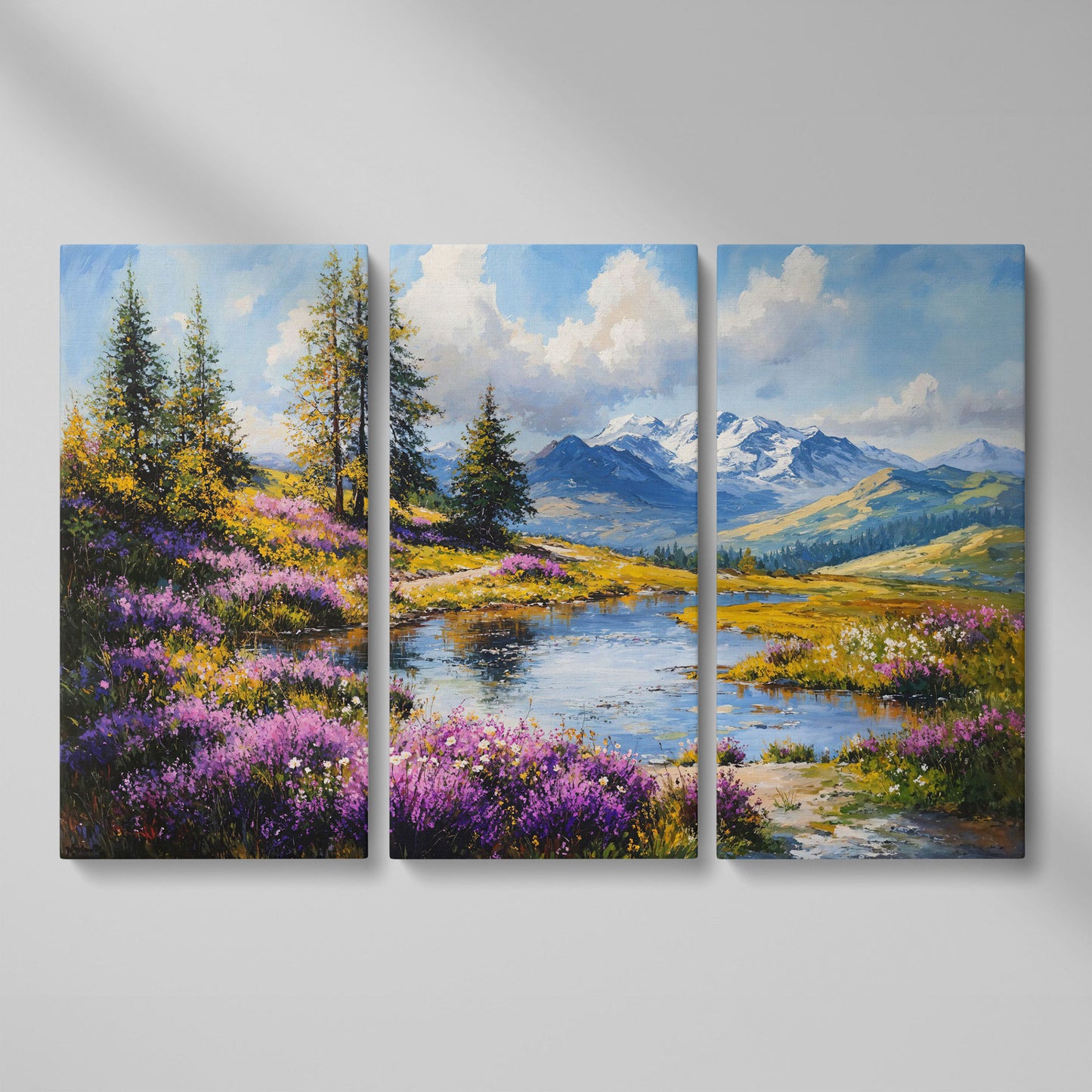 Wildflower Meadow River Landscape Canvas as 3-panel split version