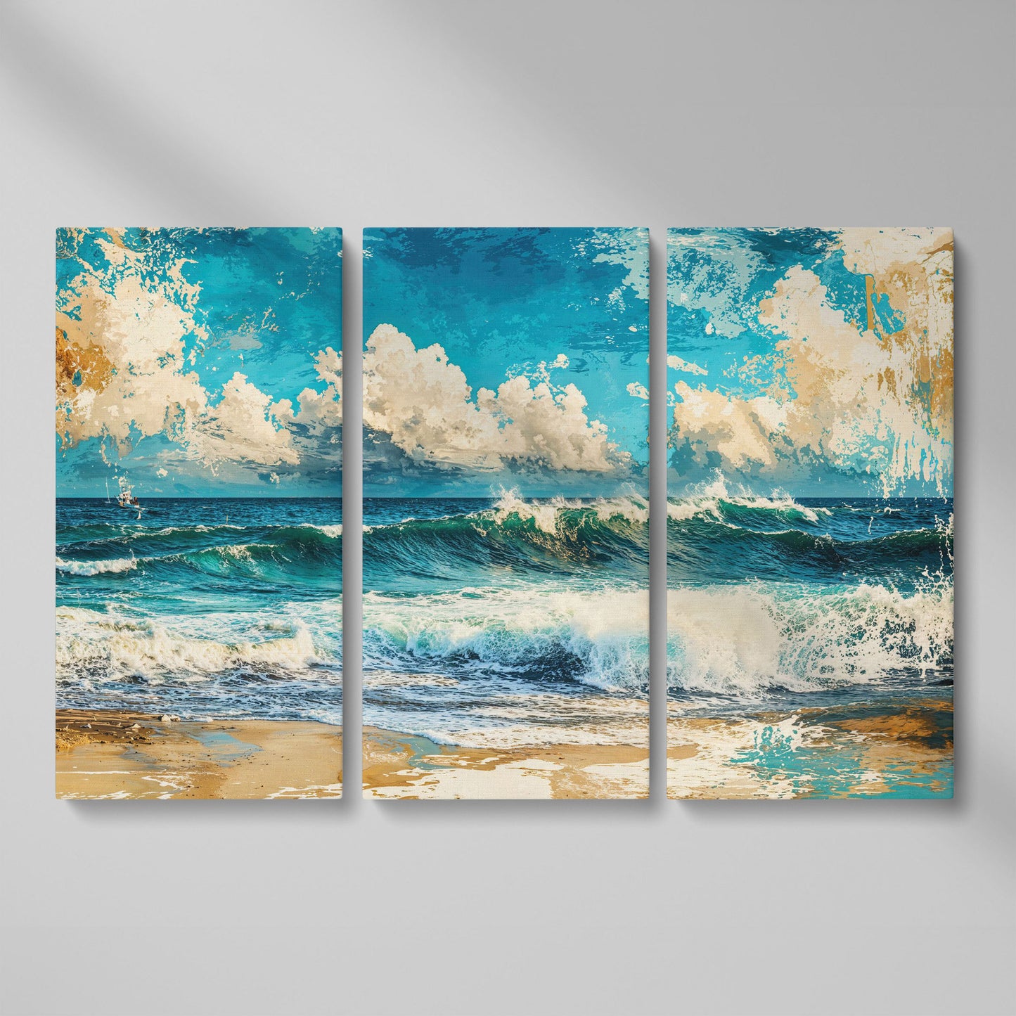 Ocean Wave with Sailboat Canvas Print as 3-panel split version