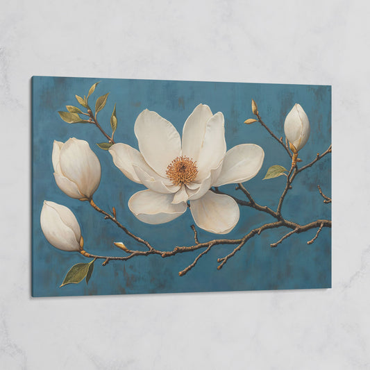 Magnolia Blossom Canvas Print in Ivory and Teal on gallery wrap