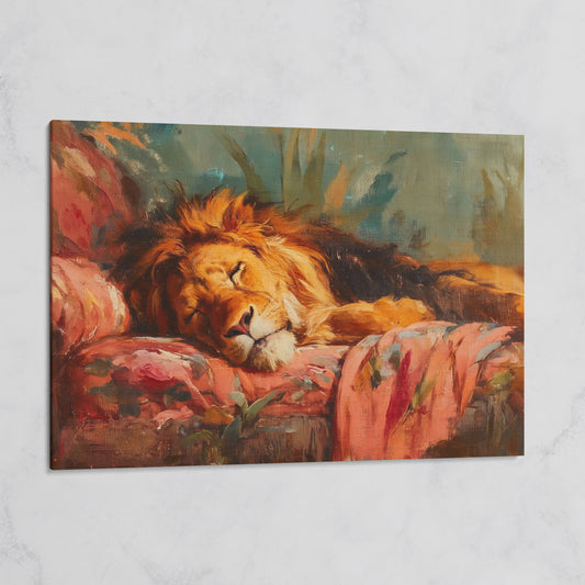 Sleeping Lion on a Floral Sofa. Colorful Wildlife Canvas Art on gallery wrap