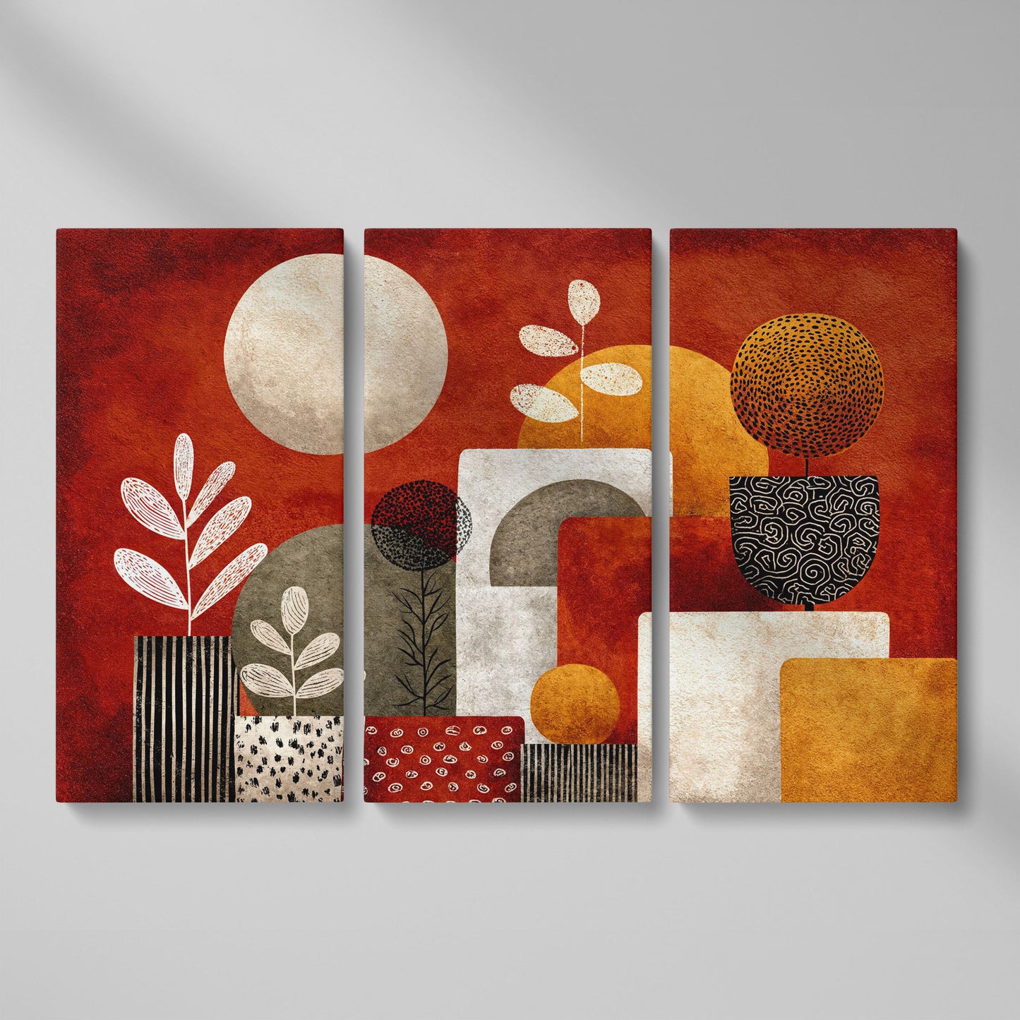 Abstract Botanical Canvas Art with Geometric Shapes, Earth Tones as 3-panel split version