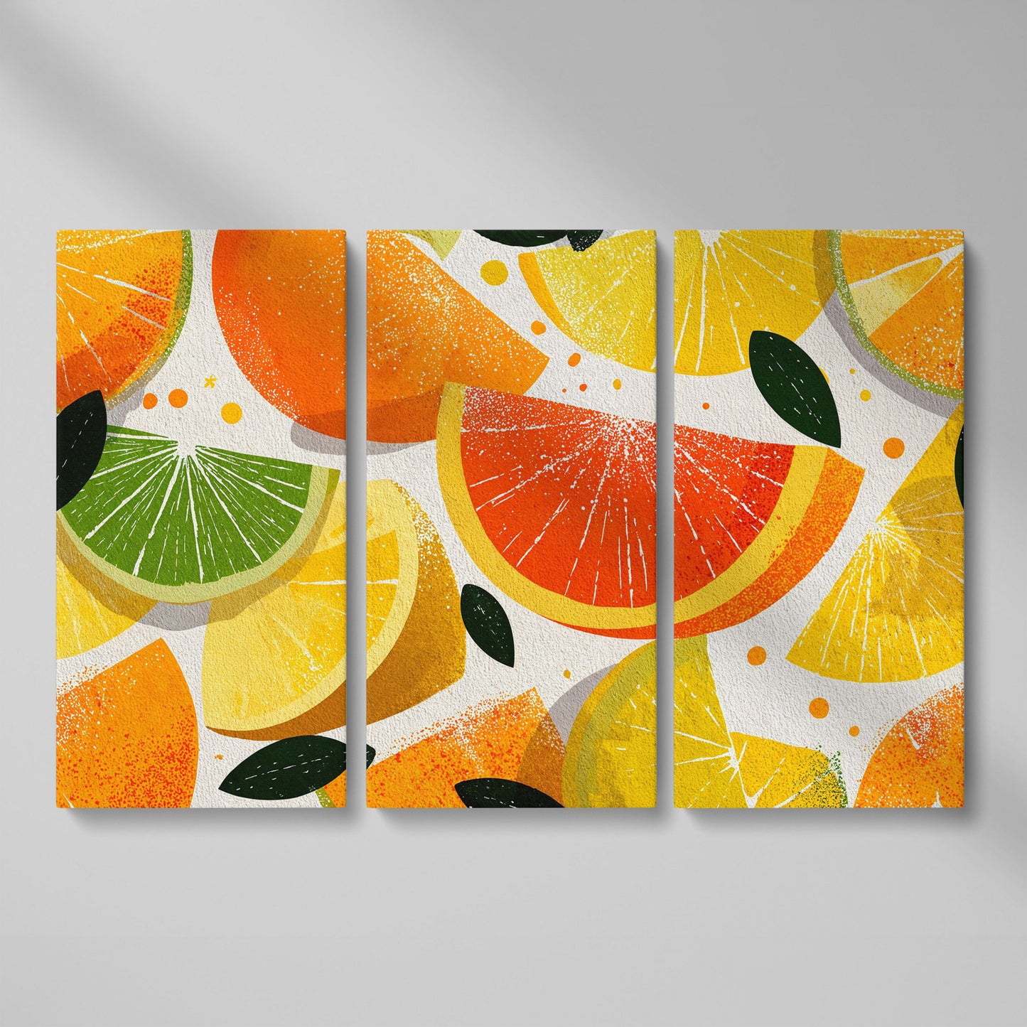 Citrus Slices Canvas Wall Art: Oranges, Lemons, Limes and Grapefruit as 3-panel split version