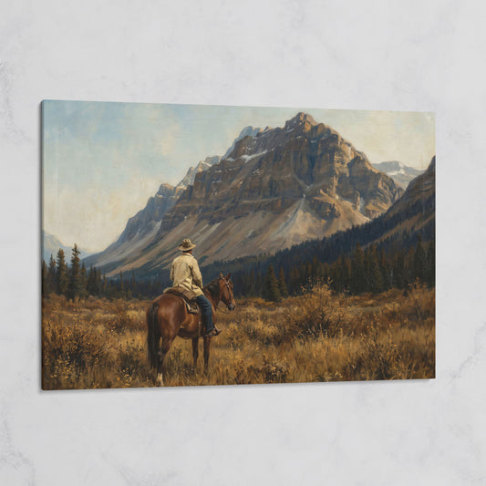 Cowboy on Horseback Facing the Mountains Canvas Wall Art on gallery wrap