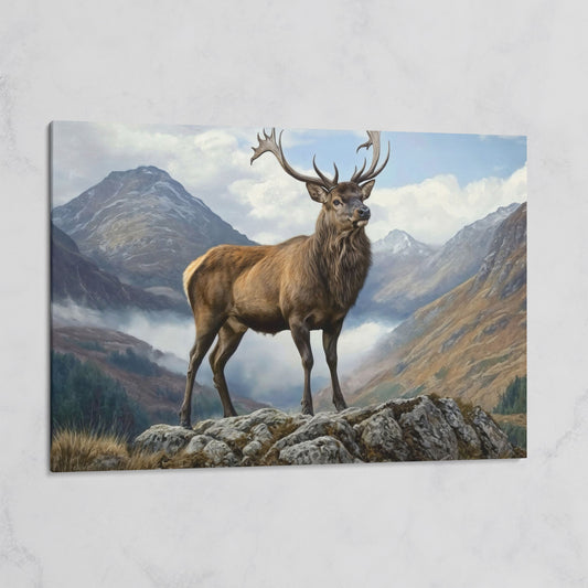 Stag on Rocky Outcrop Canvas Wall Art, Mountain Wildlife Print on gallery wrap