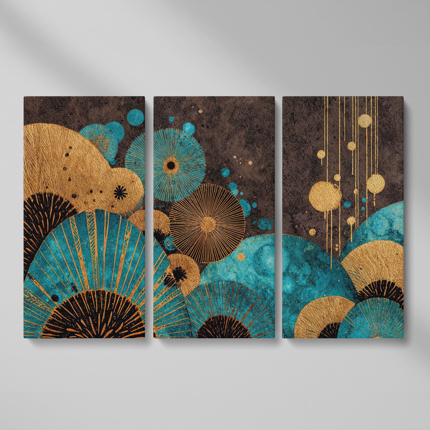 Teal and Gold Abstract Fan Shapes Canvas Art as 3-panel split version