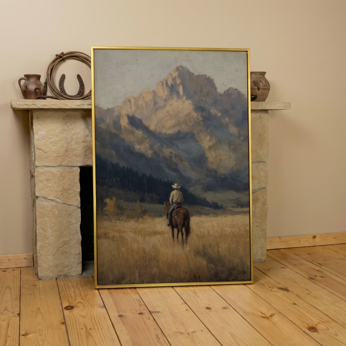 Cowboy on Horseback with Mountain Vista Canvas Print in yellow gold floating frame