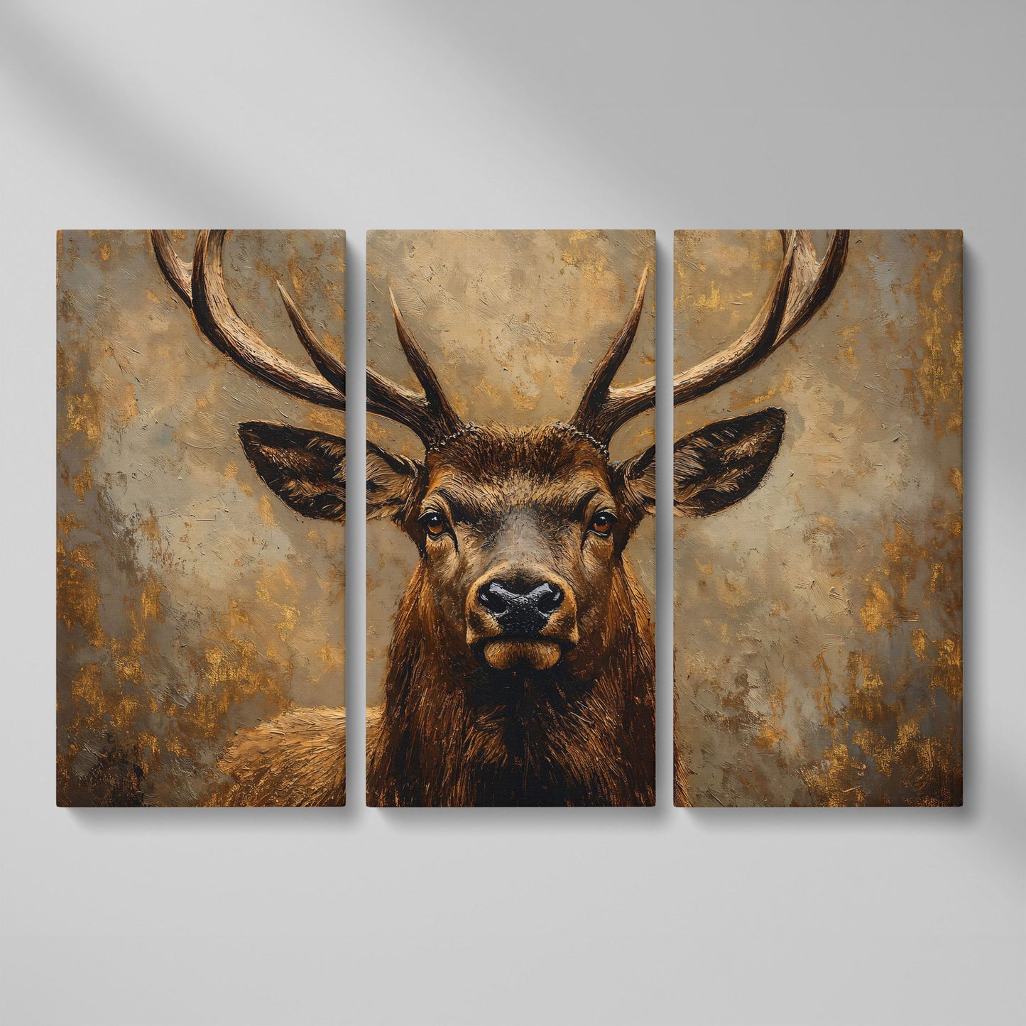 Stag Portrait Canvas Wall Art, Large Deer with Antlers as 3-panel split version