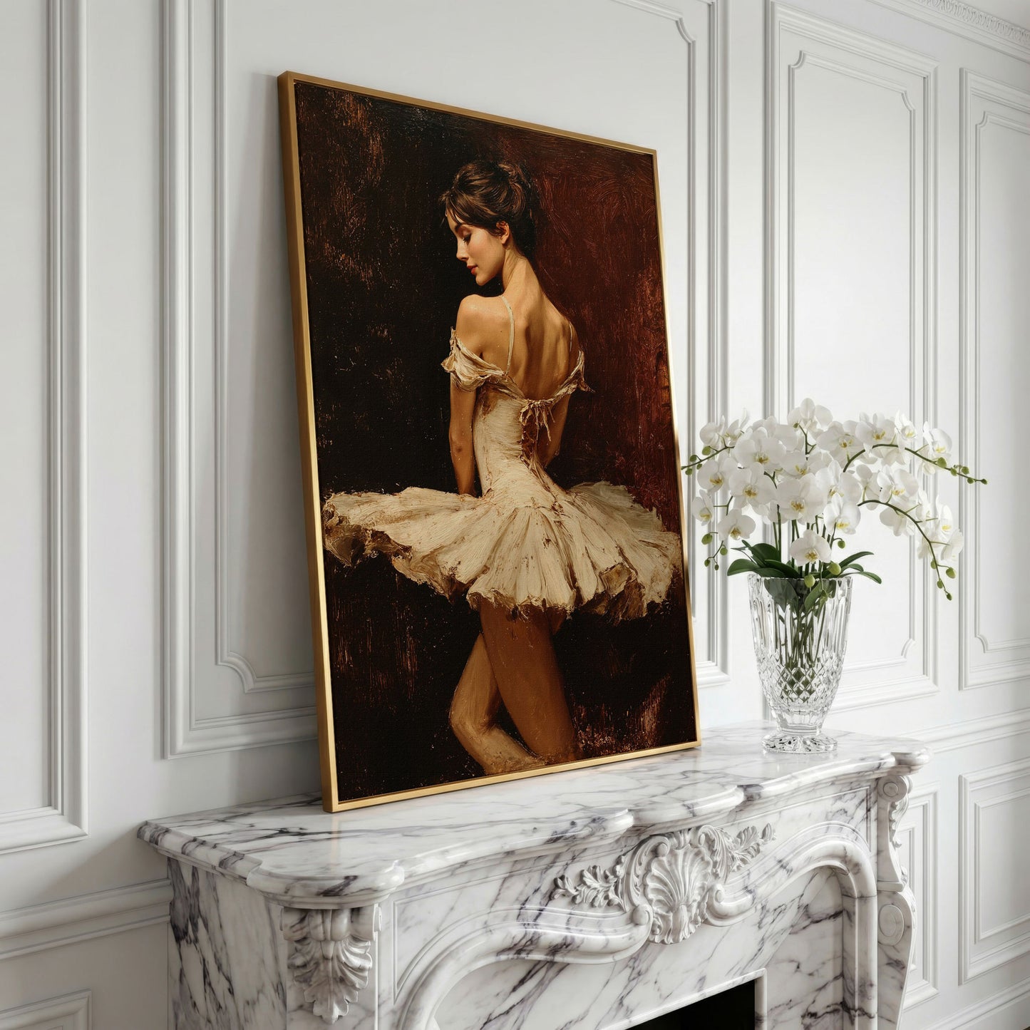 White Tutu Ballerina Canvas Art, Back View Ballet Wall Art in yellow gold floating frame