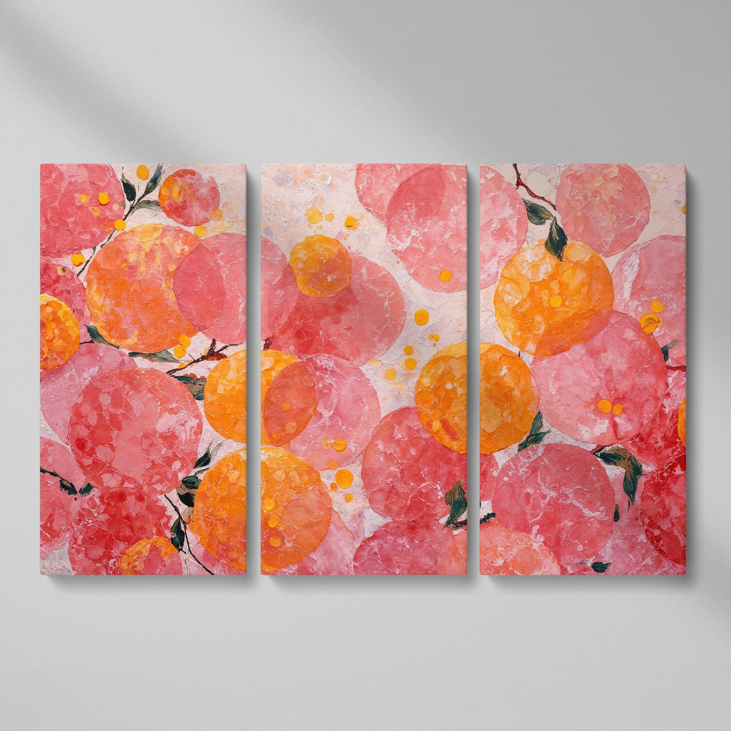 Abstract Fruit Art, Stylized Oranges and Peaches on Canvas as 3-panel split version