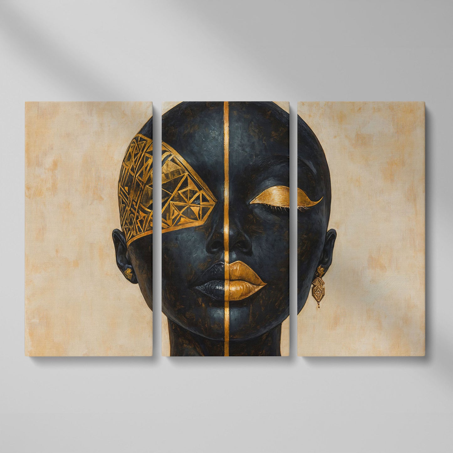 Golden Geometric Portrait of a Woman, Afrocentric Canvas Art as 3-panel split version