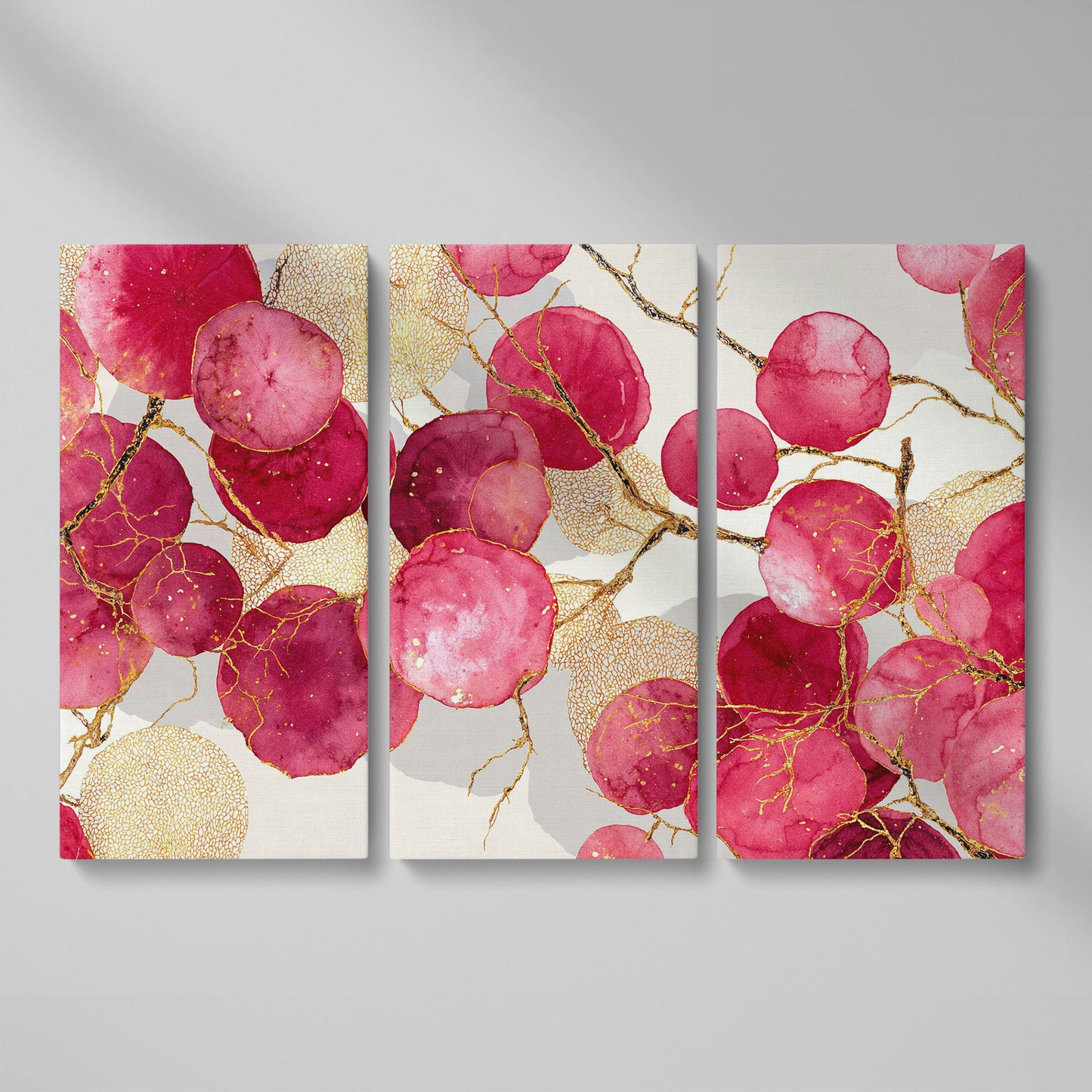 Abstract Botanical Canvas Art with Golden Lacy Shapes as 3-panel split version
