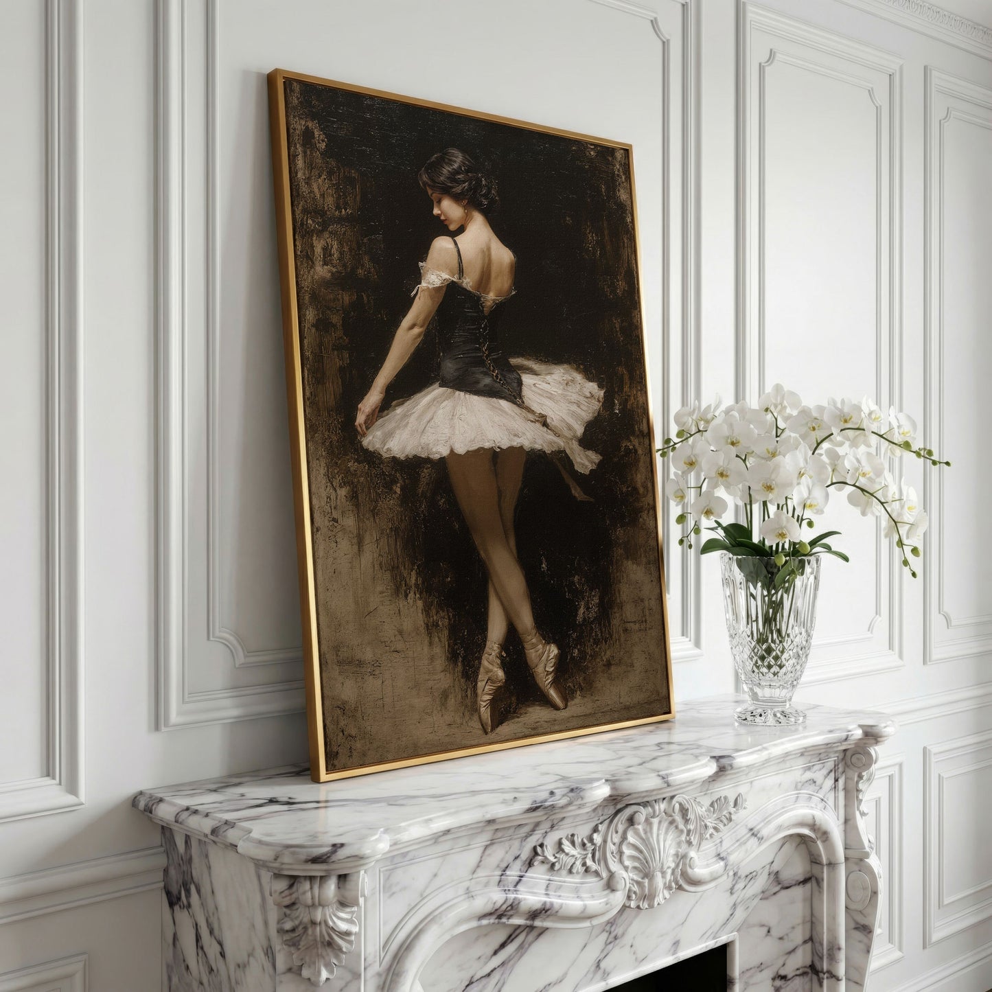 Ballerina in Black and White Tutu, Back View Canvas Art in yellow gold floating frame