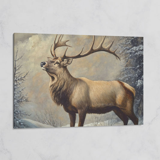 Bull Elk in Snow Canvas Wall Art, Wildlife Print for Cabin Decor on gallery wrap