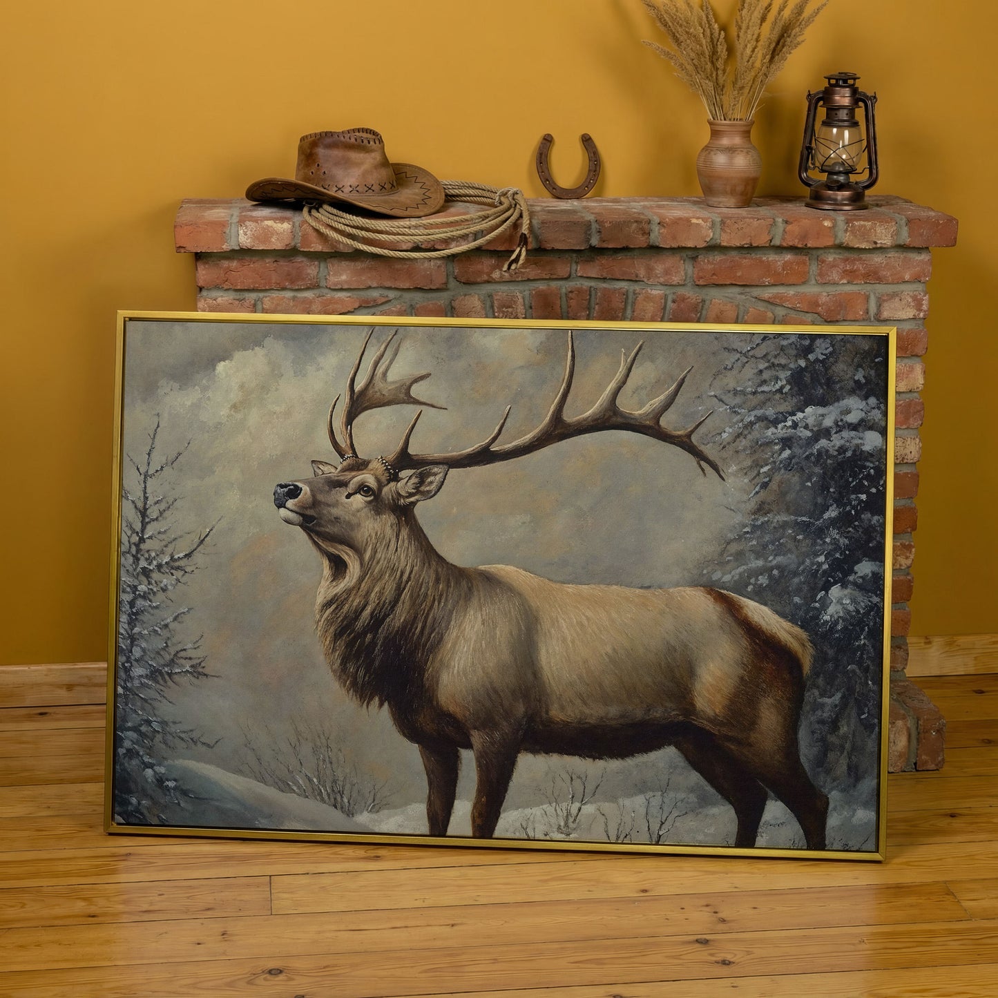 Bull Elk in Snow Canvas Wall Art, Wildlife Print for Cabin Decor in yellow gold floating frame