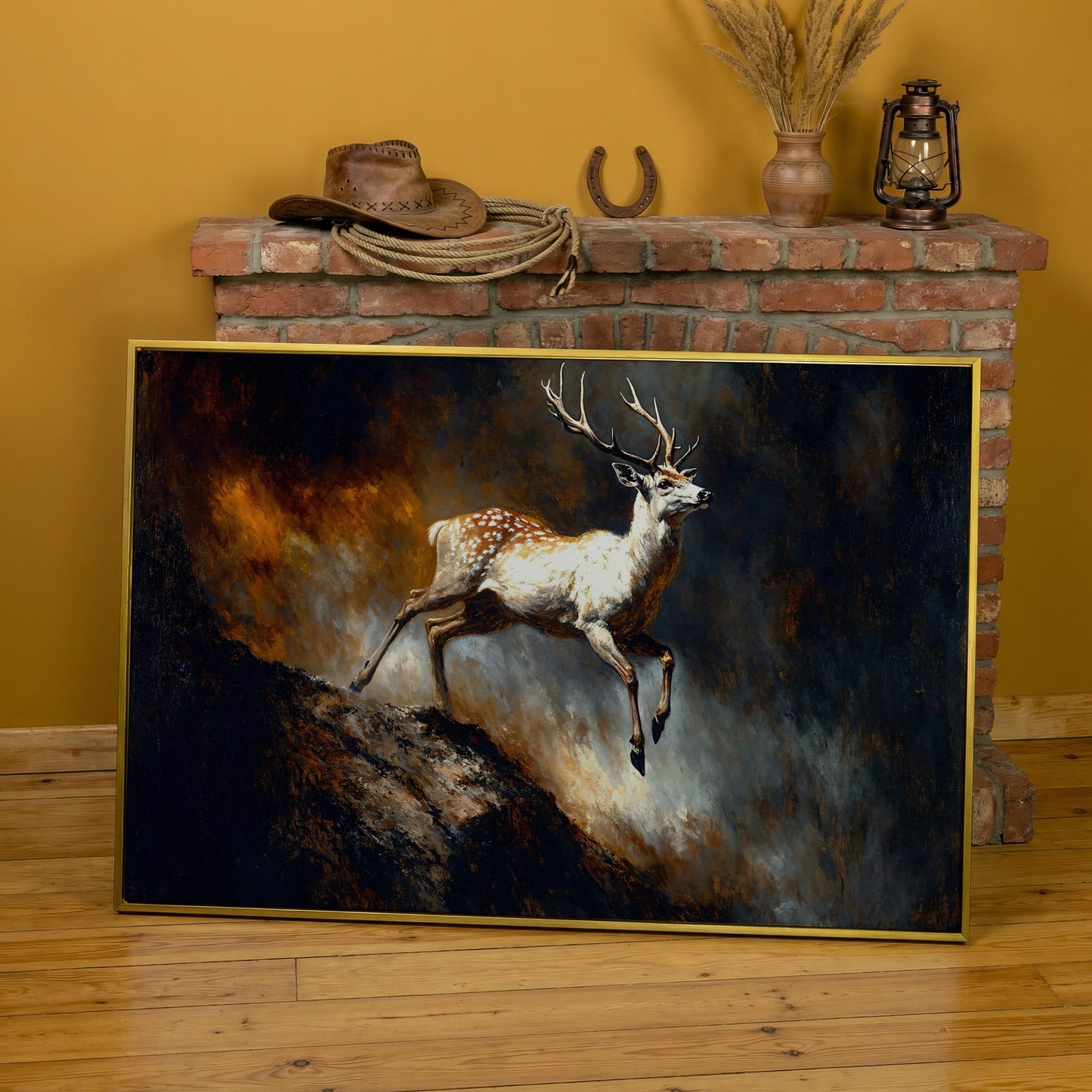 Leaping Fallow Deer Canvas Wall Art with Antlers, Abstract Background in yellow gold floating frame