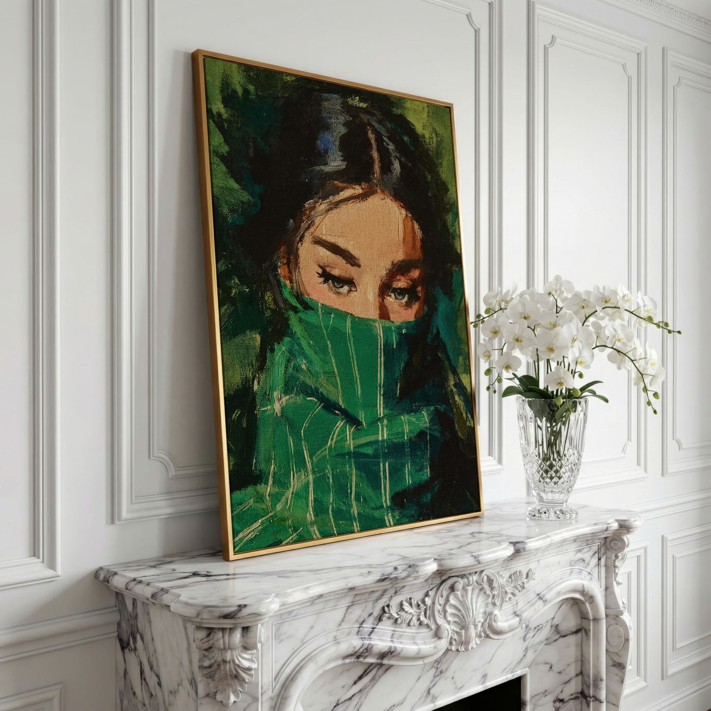 Woman with Green Scarf, Figurative Eye Portrait Canvas Art in yellow gold floating frame