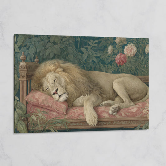 Sleeping Lion on Pink Couch Canvas Art, Surrealist Wildlife Print on gallery wrap