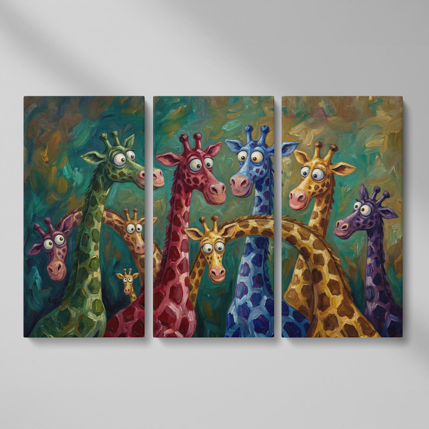 Colorful Cartoon Giraffes Canvas Wall Art for Kids Rooms as 3-panel split version