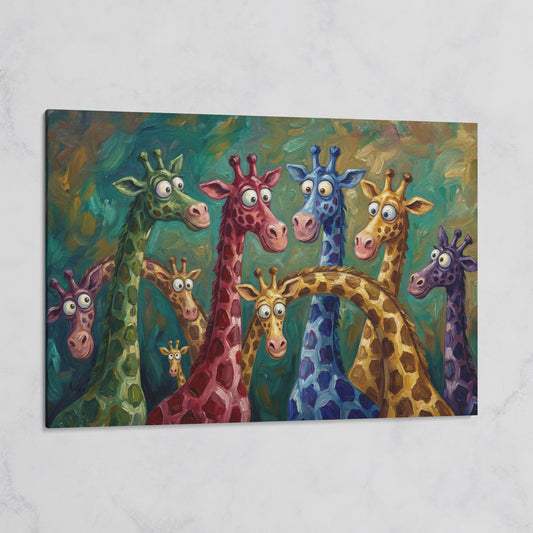 Colorful Cartoon Giraffes Canvas Wall Art for Kids Rooms on gallery wrap