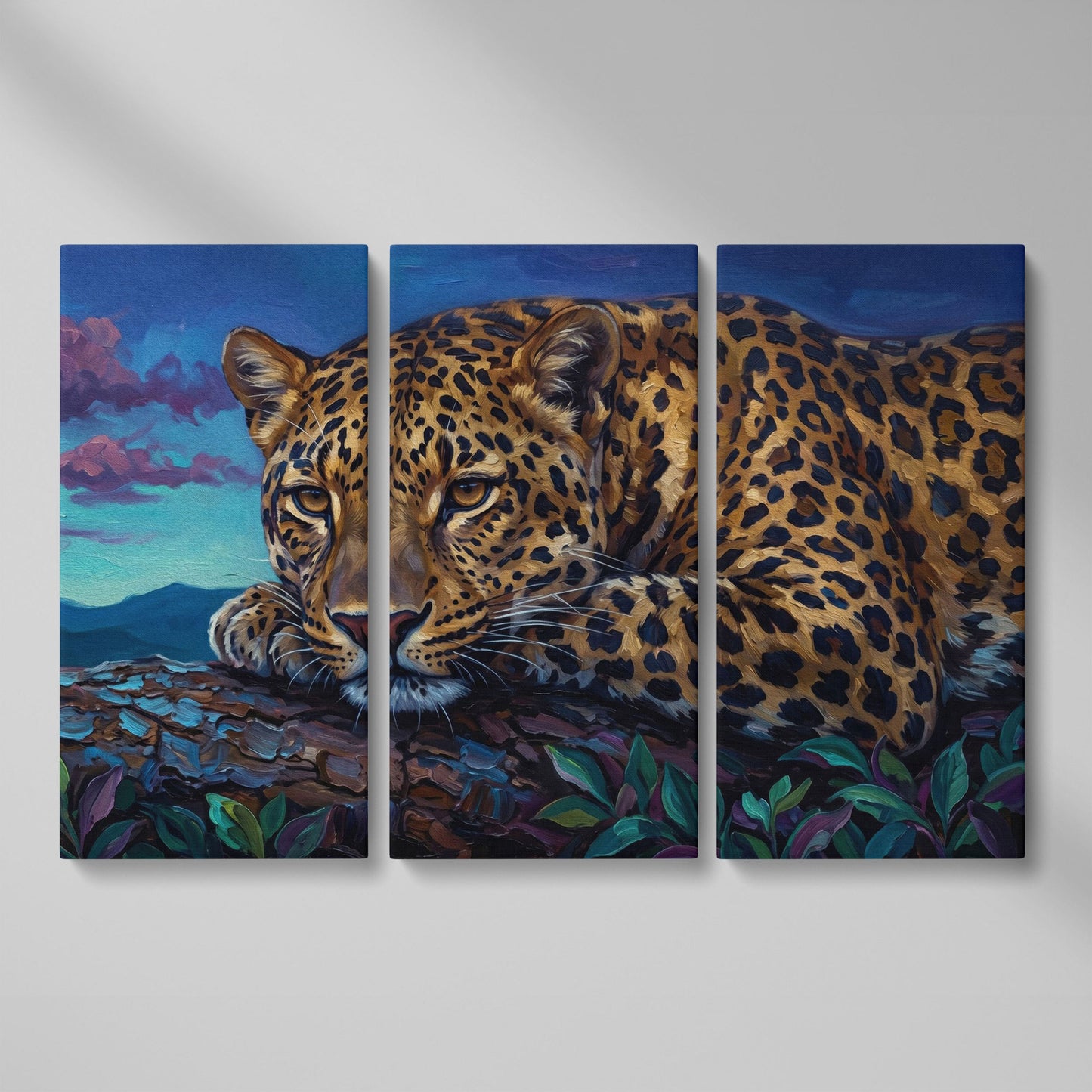 Leopard on a Branch, Mountain Landscape Canvas Wall Art as 3-panel split version