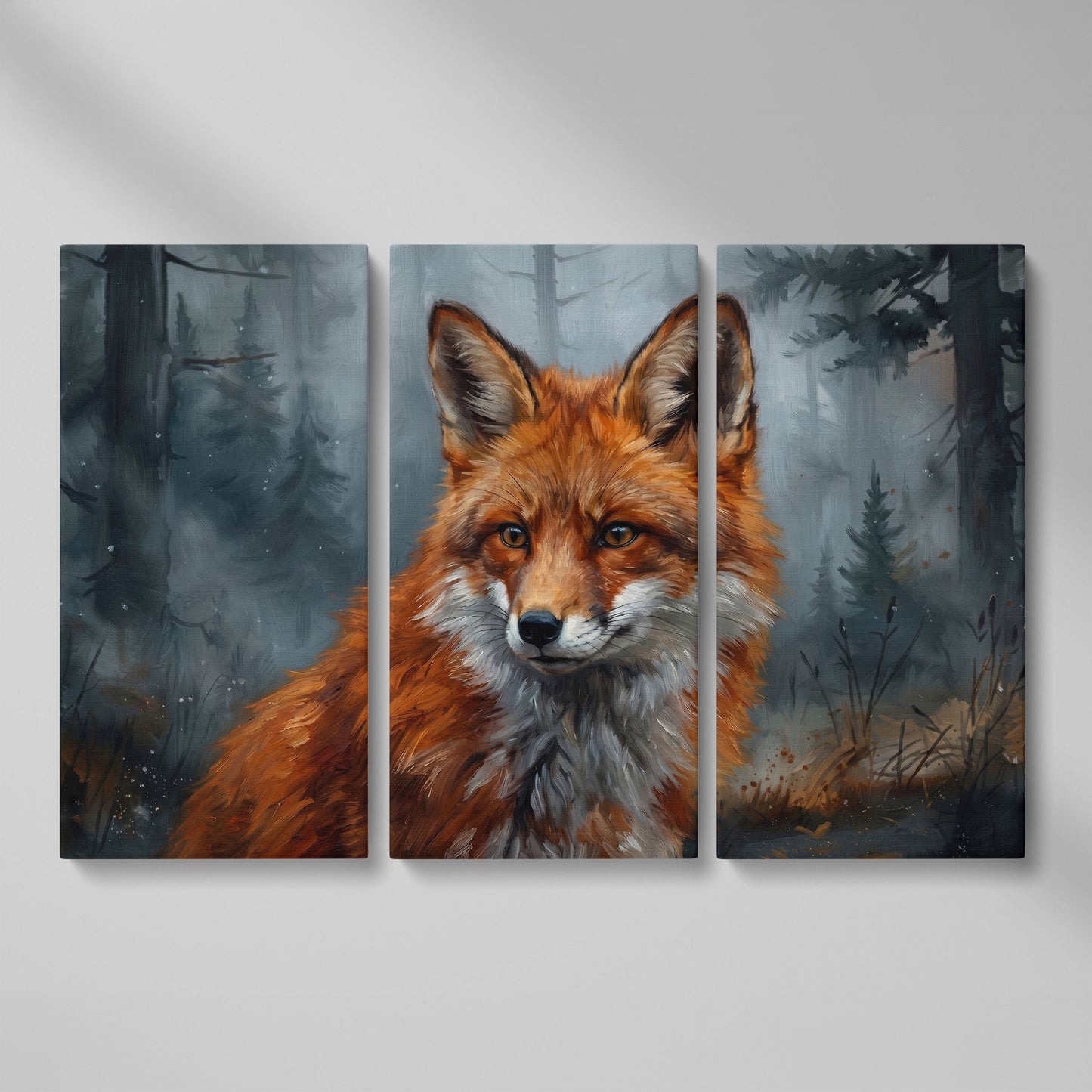 Red Fox Portrait Canvas Art, Blurred Forest Background as 3-panel split version