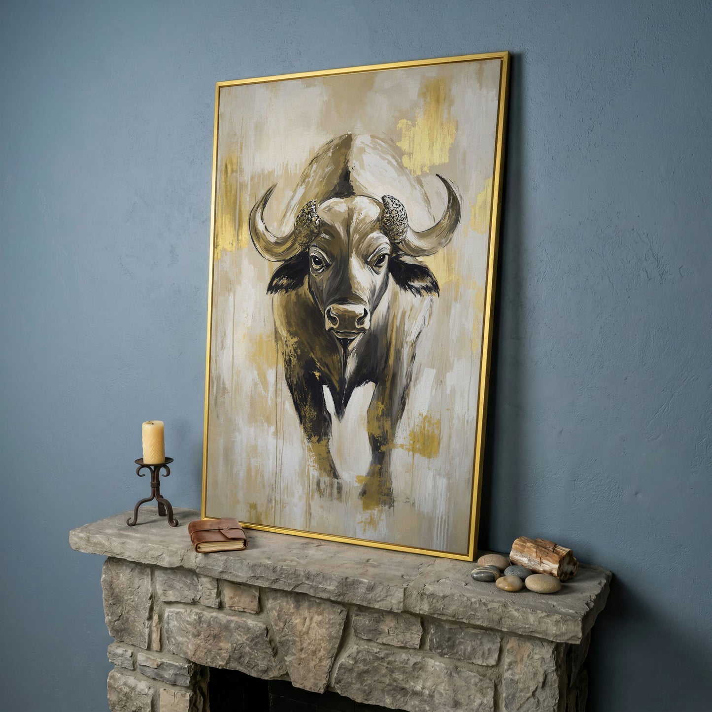 African Buffalo Portrait Canvas Wall Art in yellow gold floating frame