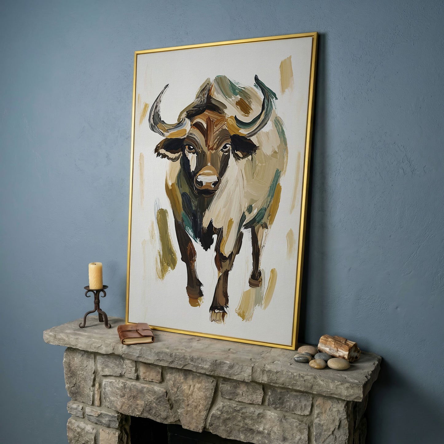 Bold Bull Portrait Canvas Art in Expressive Brushstrokes in yellow gold floating frame