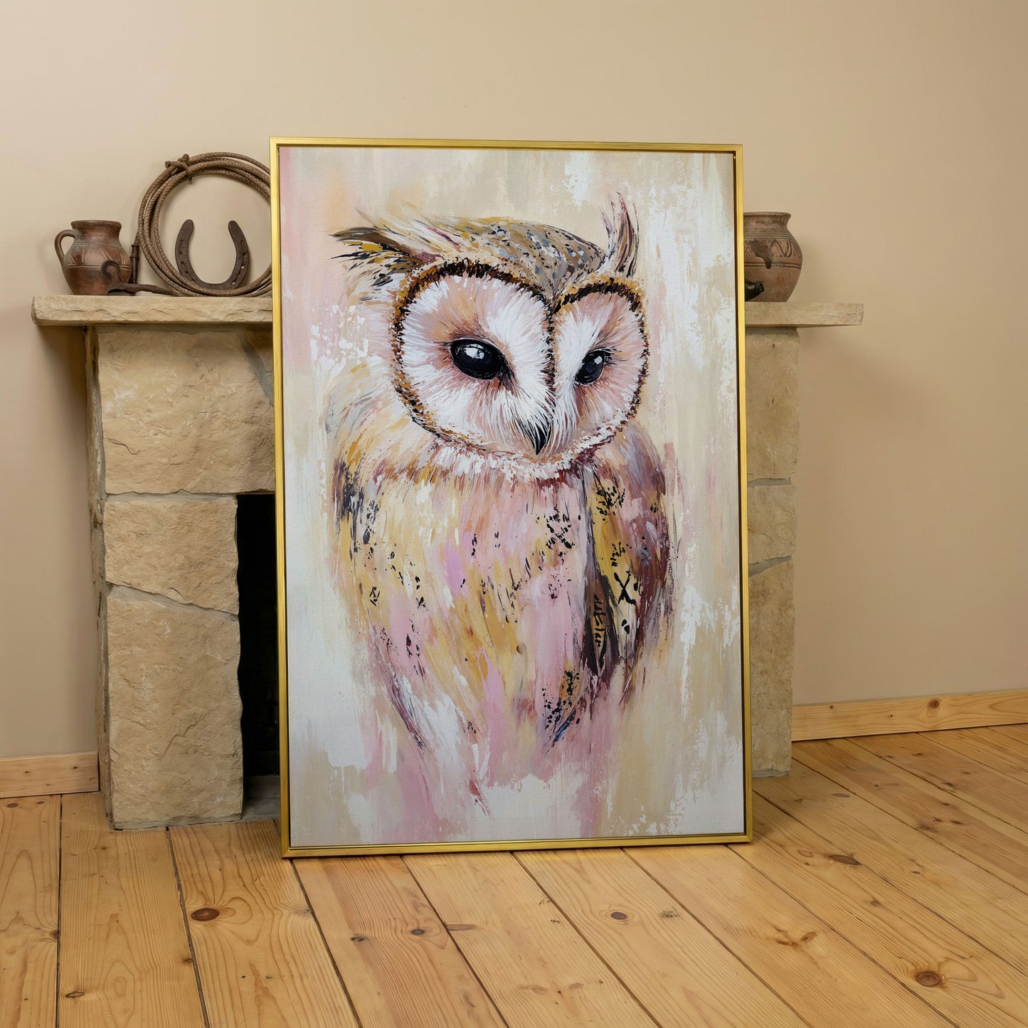 Barn Owl Portrait Canvas Art, Semi-Abstract Wildlife Print in yellow gold floating frame