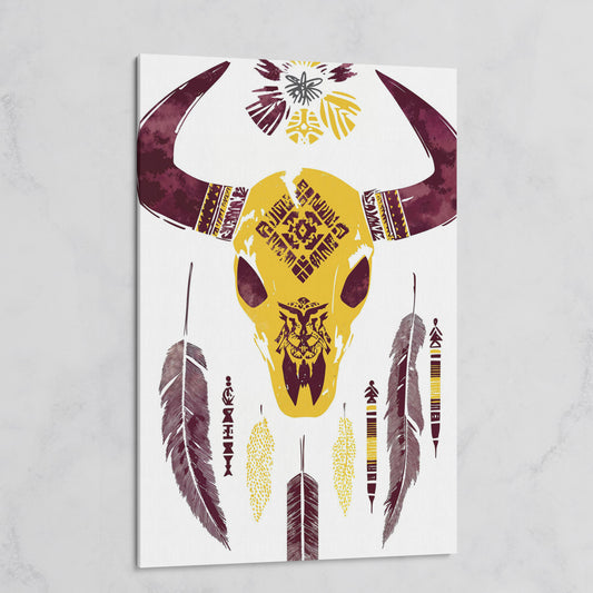 Bull Skull with Feathers and Tribal Art Canvas Print on gallery wrap
