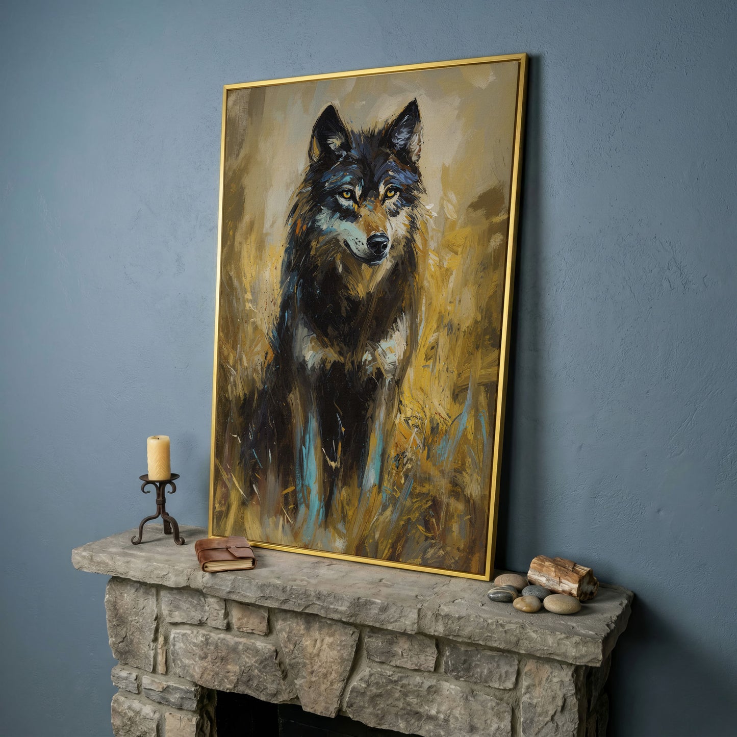 Wolf in Tall Grass Canvas Wall Art, Portrait Print in yellow gold floating frame