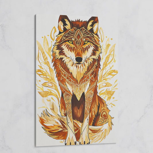 Wolf Portrait Canvas Art with Geometric Floral Detail on gallery wrap