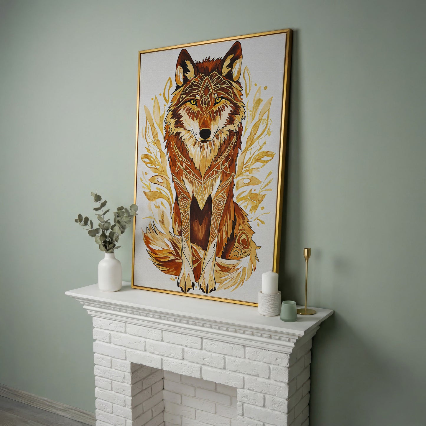 Wolf Portrait Canvas Art with Geometric Floral Detail in yellow gold floating frame