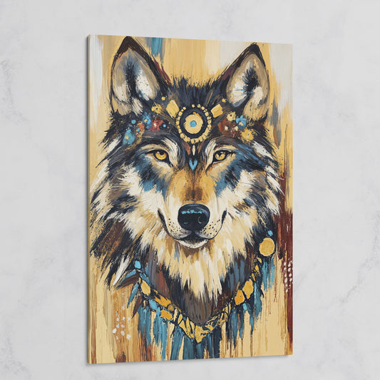Wolf Portrait Canvas Art with Tribal Headdress and Bohemian Adornments on gallery wrap