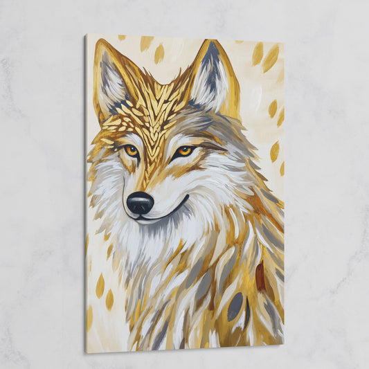 Wolf Portrait Canvas Art with Stylized Golden Elements on gallery wrap