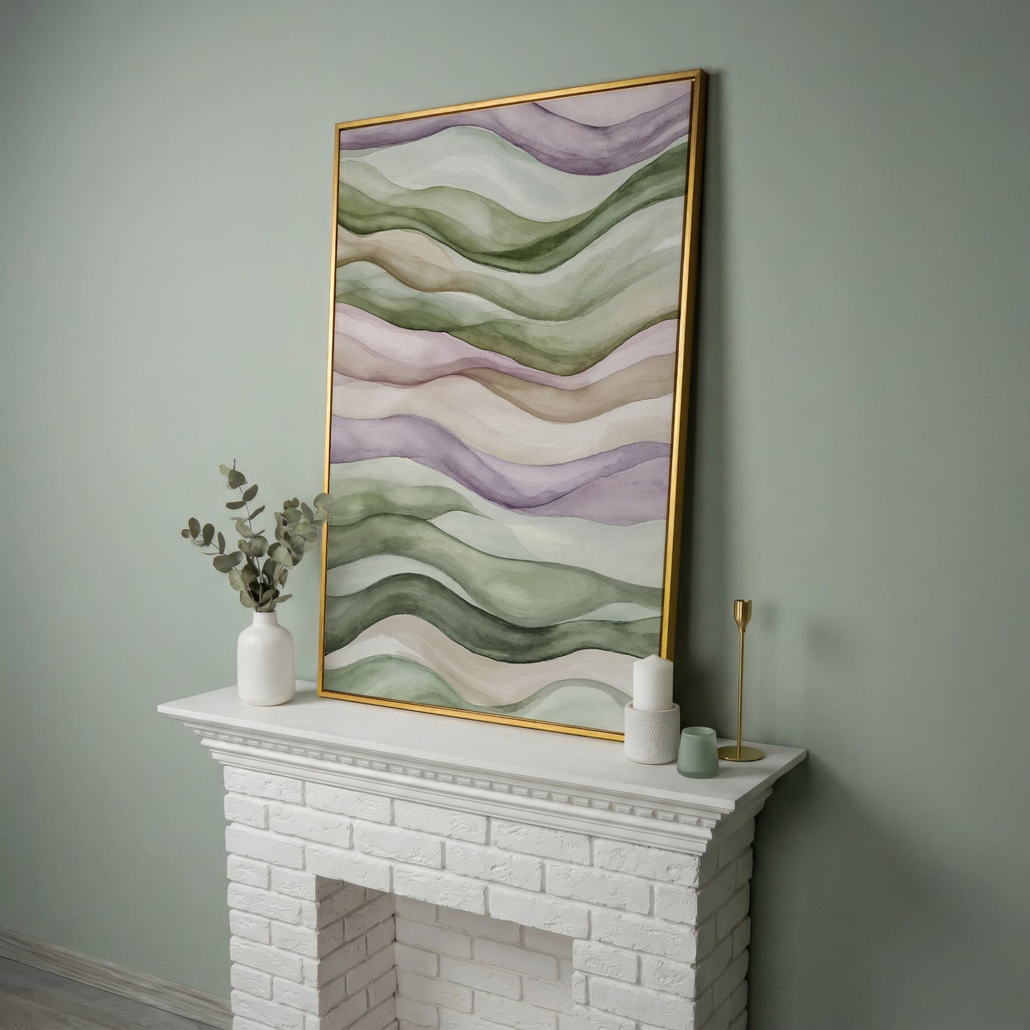 Abstract Wavy Lines Canvas Wall Art, Portrait in yellow gold floating frame