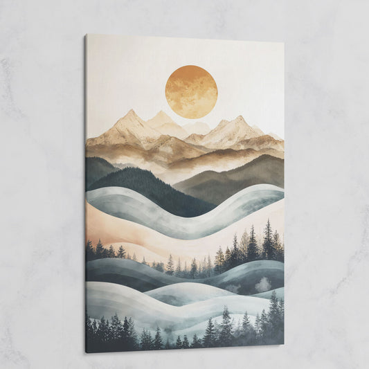 Mountain Landscape with Sun and Forest Canvas Wall Art on gallery wrap