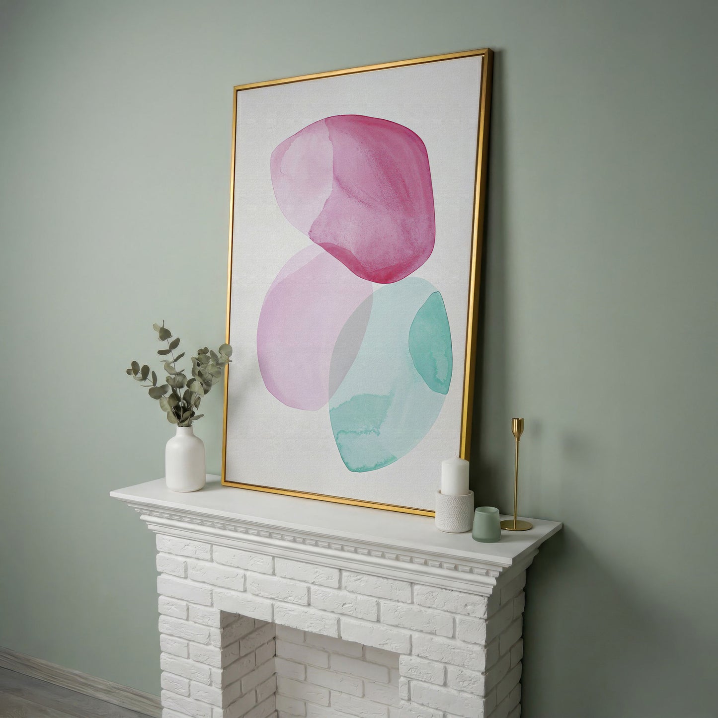 Abstract Shapes Canvas Wall Art, Portrait Print in yellow gold floating frame