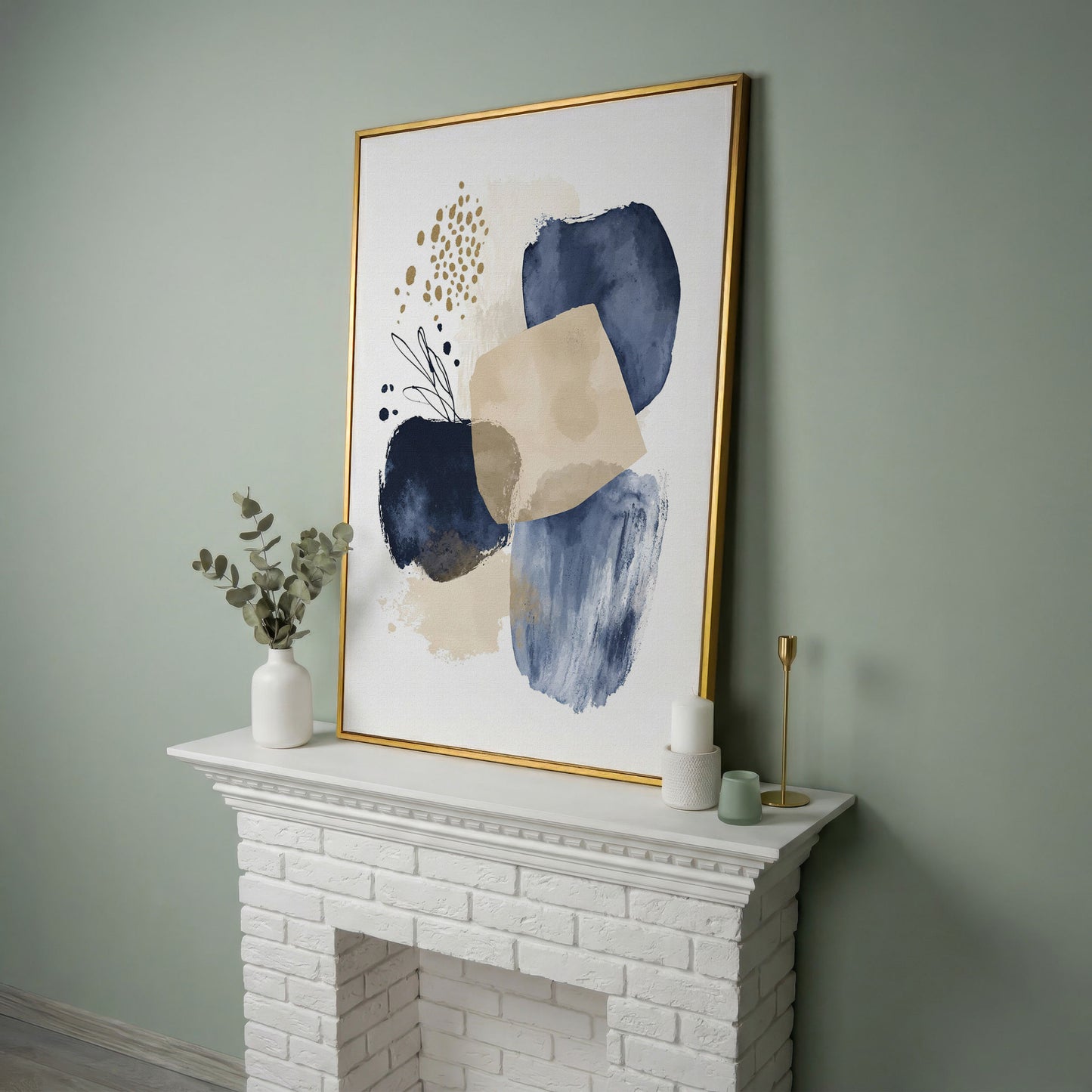 Abstract Shapes and Forms Portrait Canvas Wall Art in yellow gold floating frame