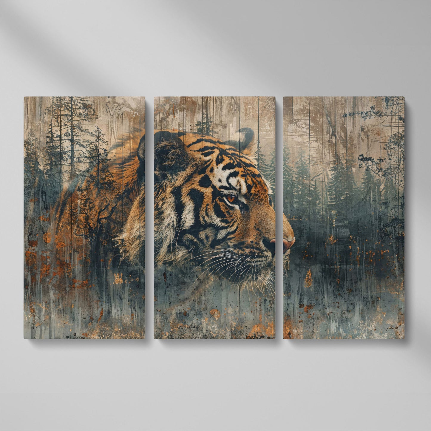Tiger Double Exposure Canvas Art with Misty Forest Blend as 3-panel split version