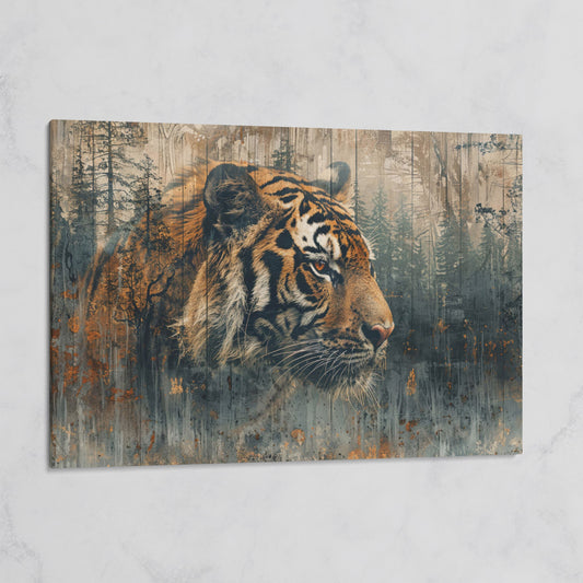 Tiger Double Exposure Canvas Art with Misty Forest Blend on gallery wrap