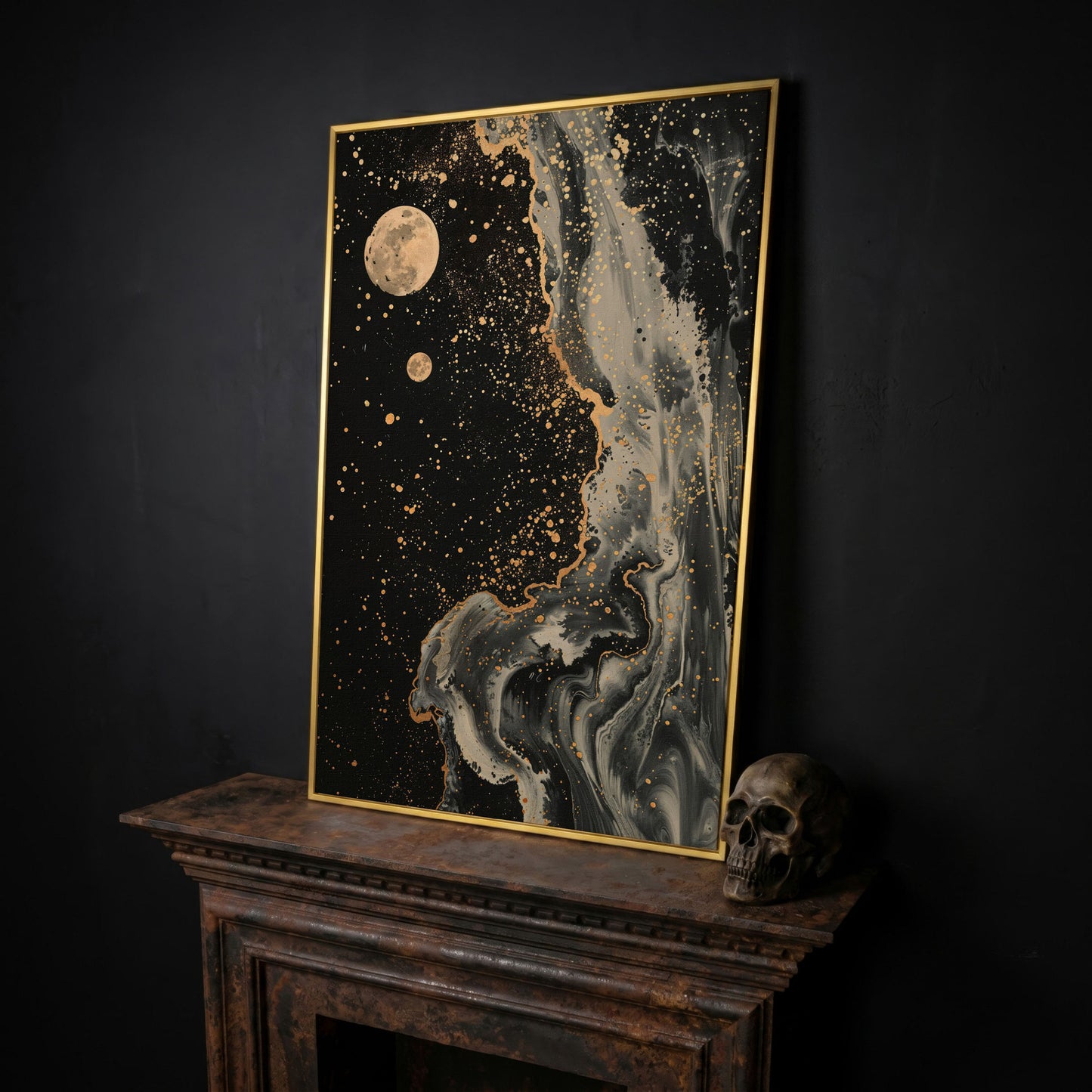 Mystical Moonscape Abstract Canvas in yellow gold floating frame