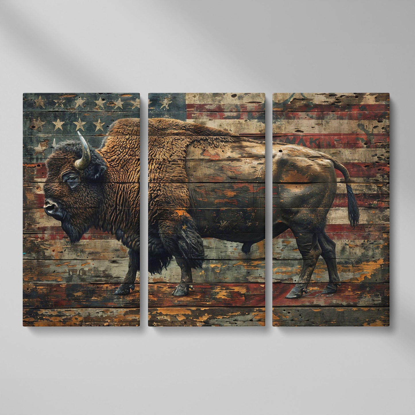 American Bison with Flag Canvas as 3-panel split version
