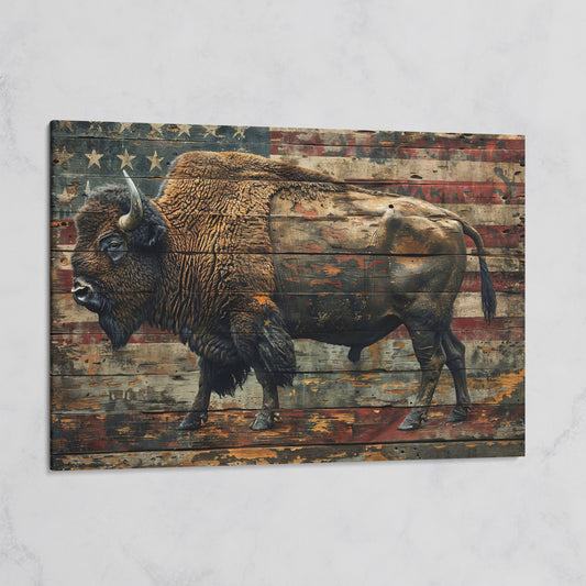 American Bison with Flag Canvas on gallery wrap